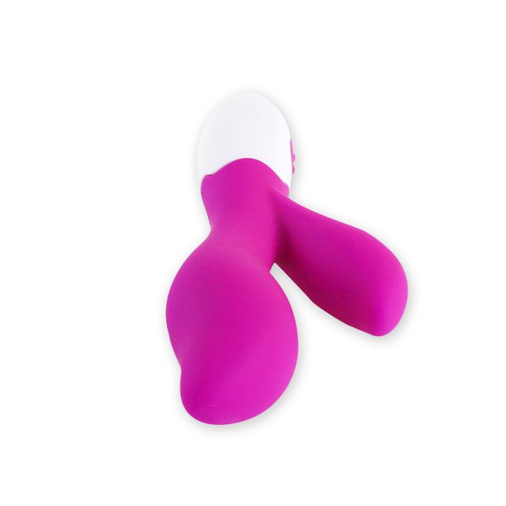 Lila und weißer Vibrator mit zwei flexiblen Stimulatoren und zwei Knöpfen am Griff.