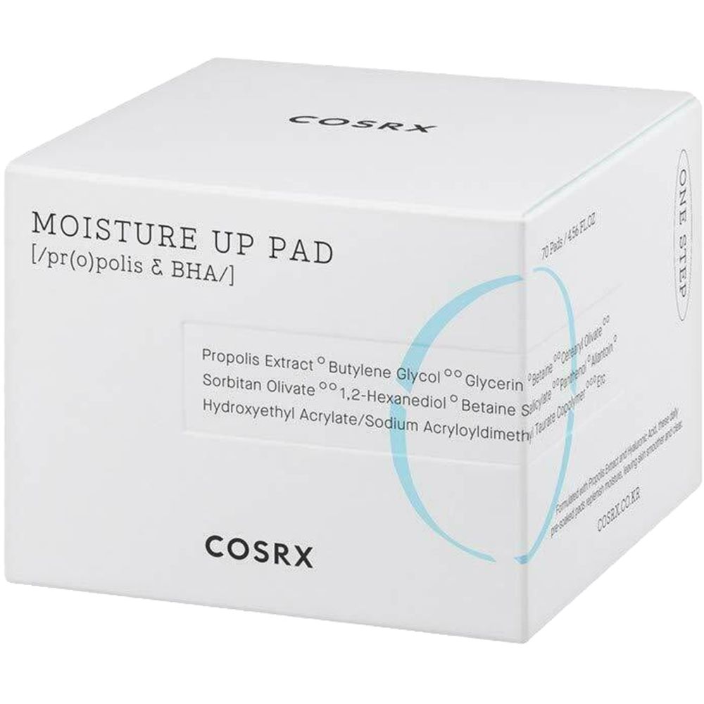 Weiße quadratische Verpackung. Aufschrift: MOISTURE UP PAD, Inhaltsstoffe. Marke COSRX.