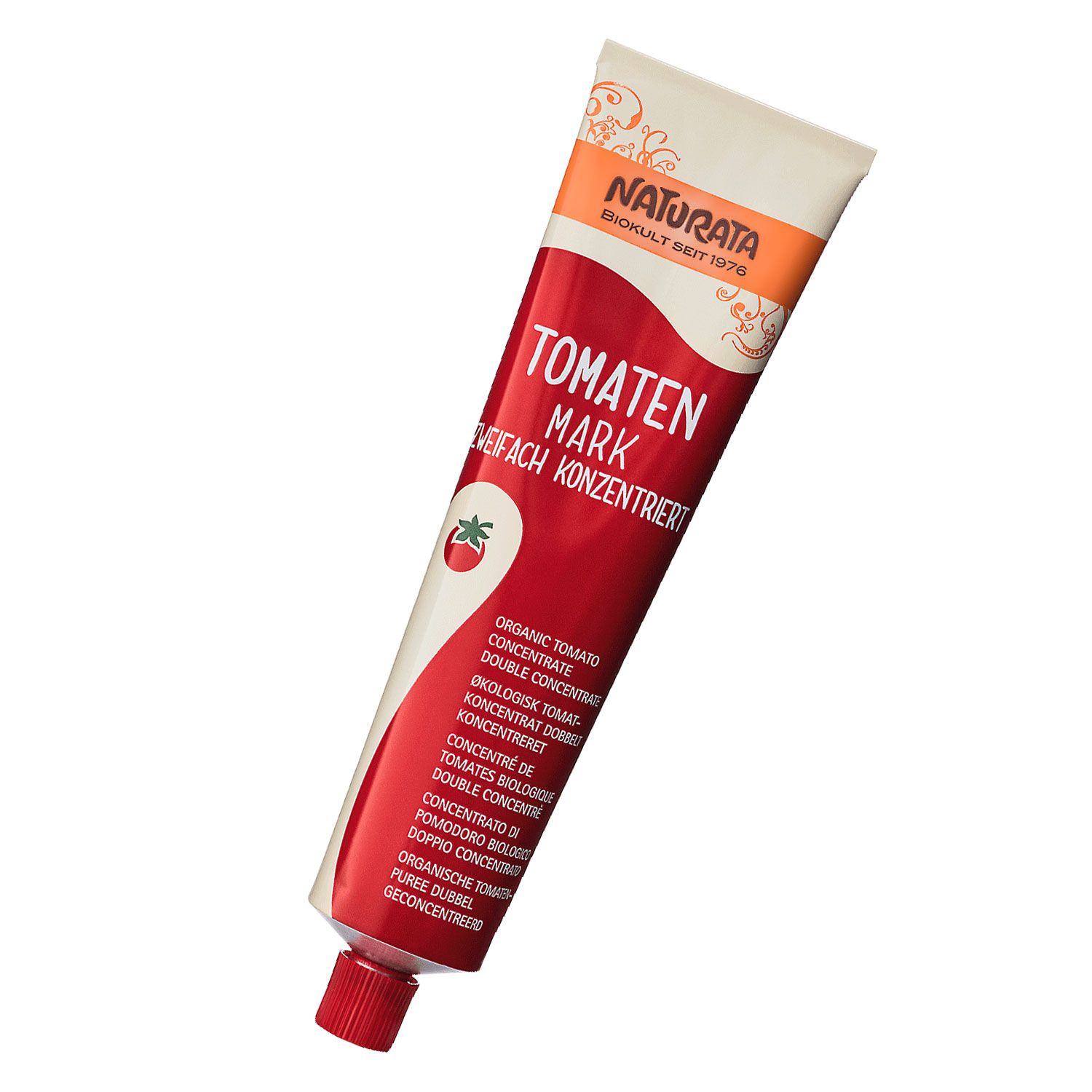 Tube Tomatenmark, rot-weiß. Aufschrift: Naturata, Tomaten Mark zweifach konzentriert. Logo: Tomate.