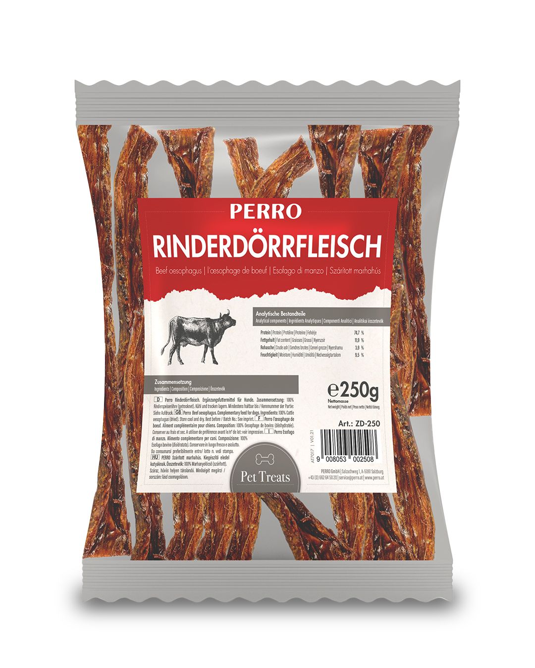 Verpackung mit PERRO Rinderdörrfleisch. Sichtbar sind getrocknete Fleischstreifen. Auf der Verpackung sind Produktname, Kuh-Illustration und Nährwertangaben.