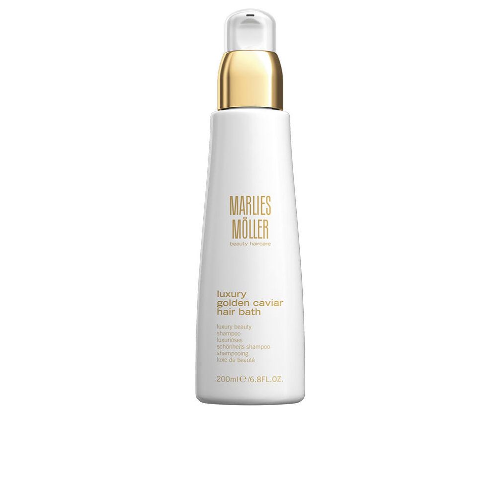 Weiße Flasche mit goldenem Deckel. Aufschrift: Marlies Möller, Luxury Golden Caviar Hair Bath. 200ml/6.8FL.OZ.