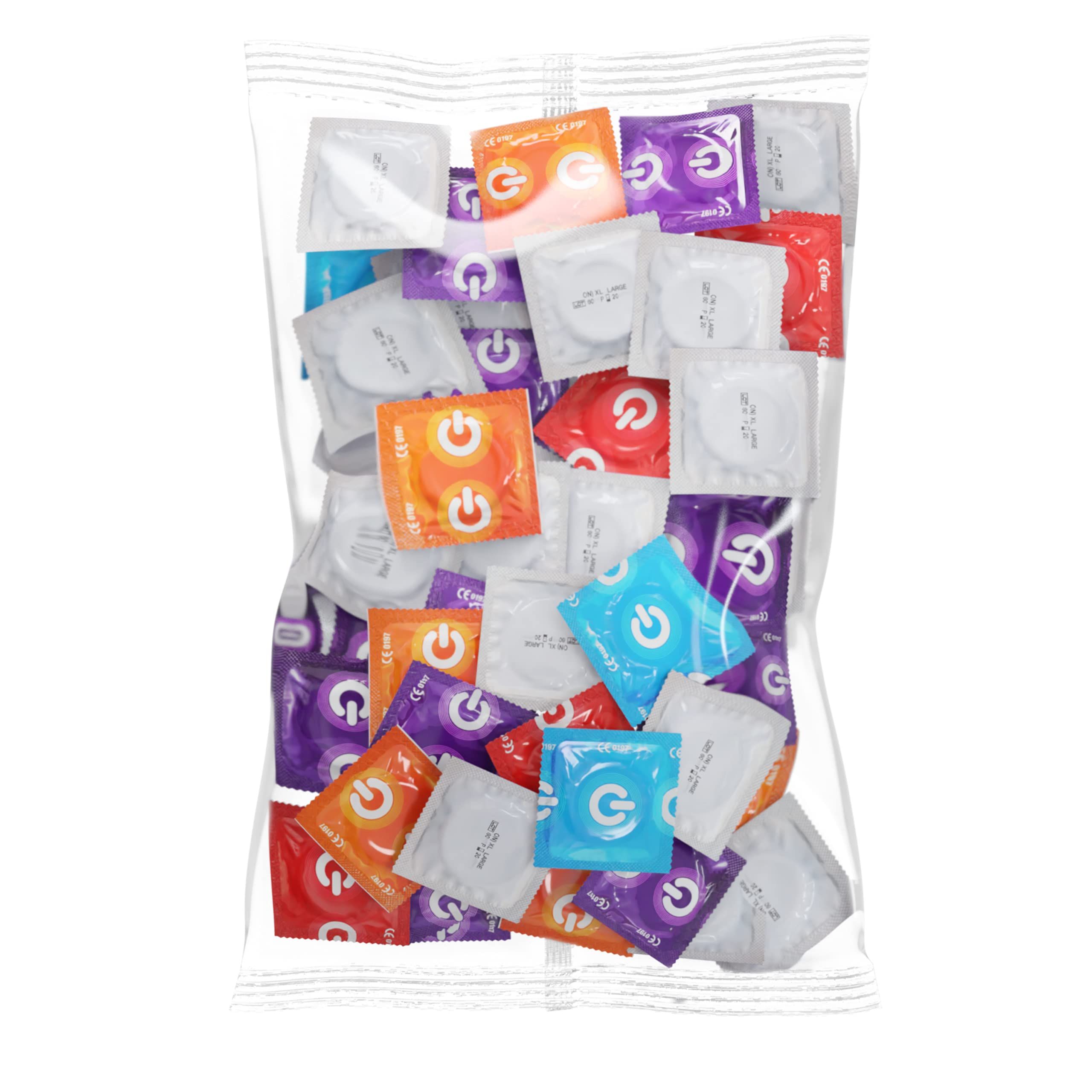 Packung mit vielen Kondomen in verschiedenen Farben und Designs.