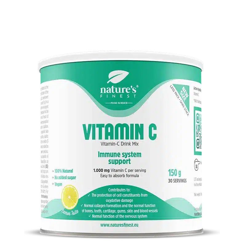 Eine Dose Nature's Finest Vitamin C Drink Mix. Enthält 150g und 30 Portionen. Für das Immunsystem.