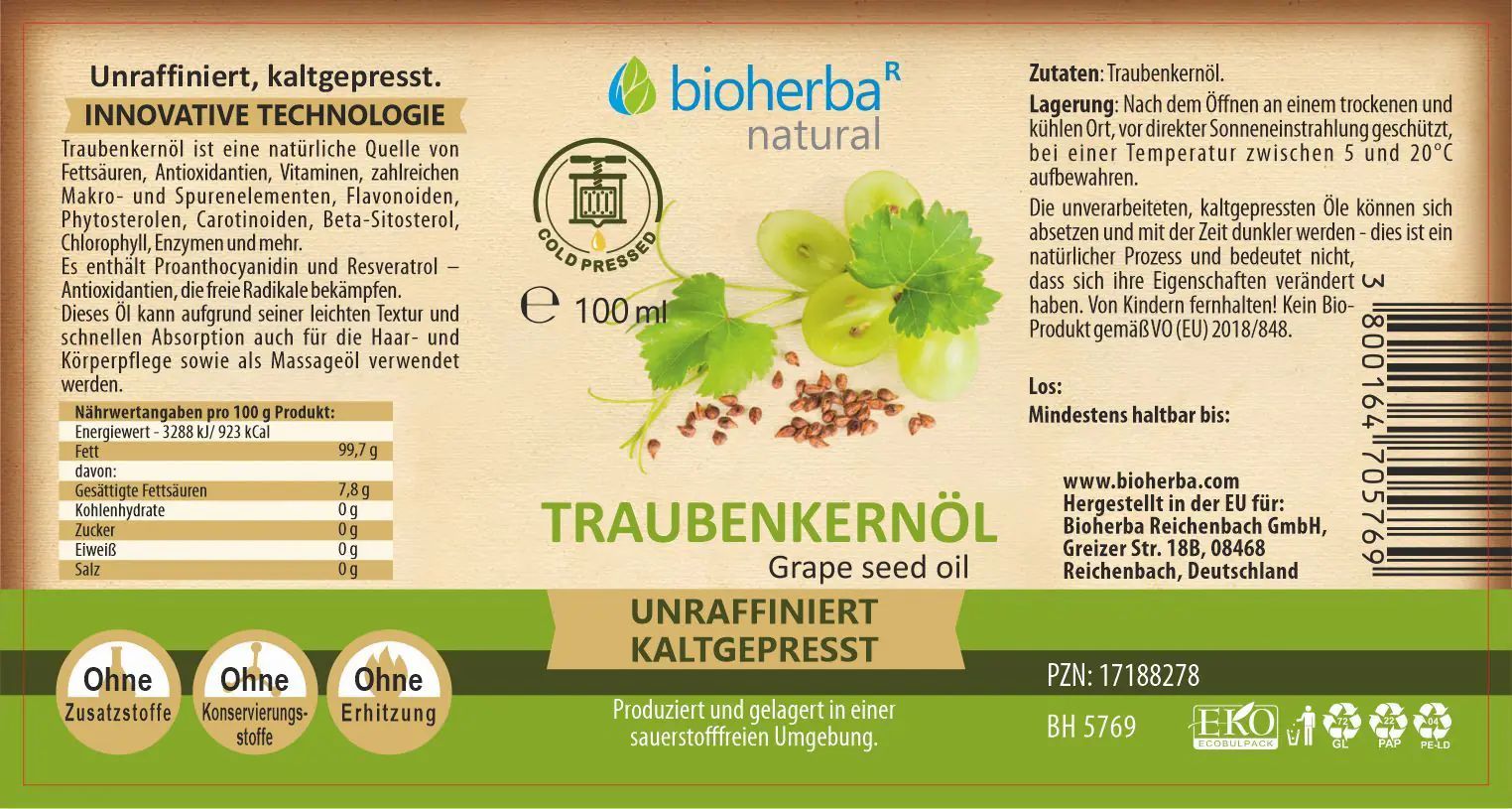 Etikett mit Produktinformationen. "Bioherba natural" und "Traubenkernöl" Schriftzug. Gold-Siegel. Ohne Zusatzstoffe.