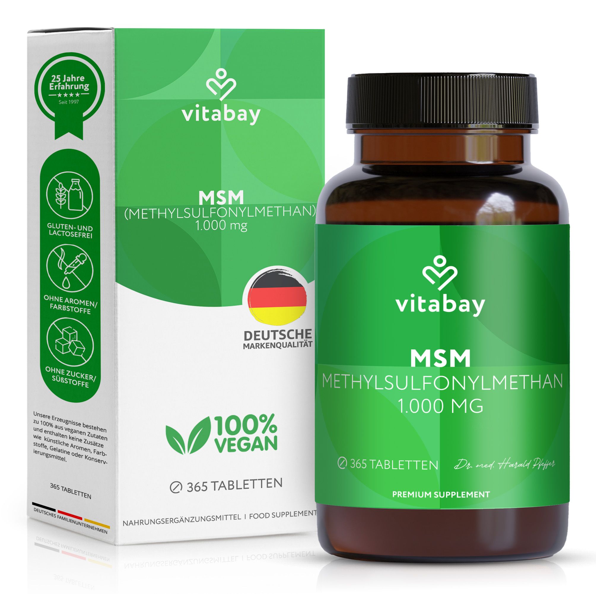 Vitabay MSM 1000 mg, Tabletten in Dose und Schachtel. Aufdrucke: 100% Vegan, 365 Tabletten, Gluten- und Laktosefrei.