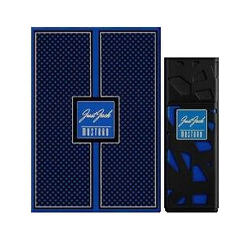Blau-schwarze Verpackung und Flakon. Aufschrift: Just Jack Mystery. Flakon mit geometrischem Muster.