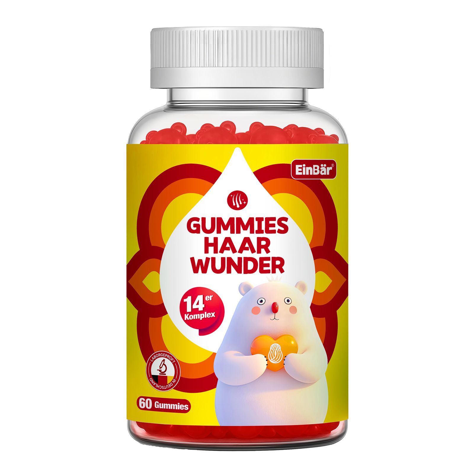 Flasche mit 60 Gummibärchen "Haar Wunder" von EinBär, mit Bärenmotiv und 14er Komplex Aufschrift.