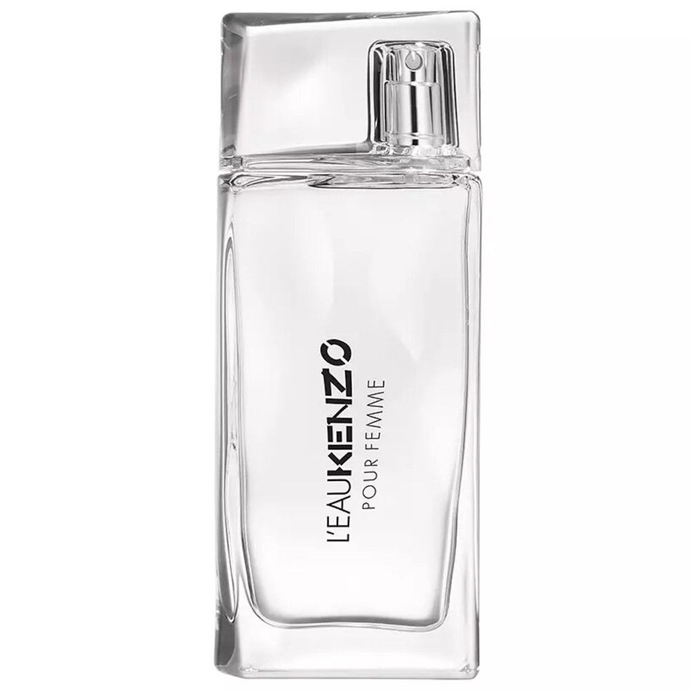 Transparenter Flakon von Kenzo L'Eau Kenzo Pour Femme. Rechteckige Form mit silbernem Sprühkopf. Schwarzer Schriftzug.