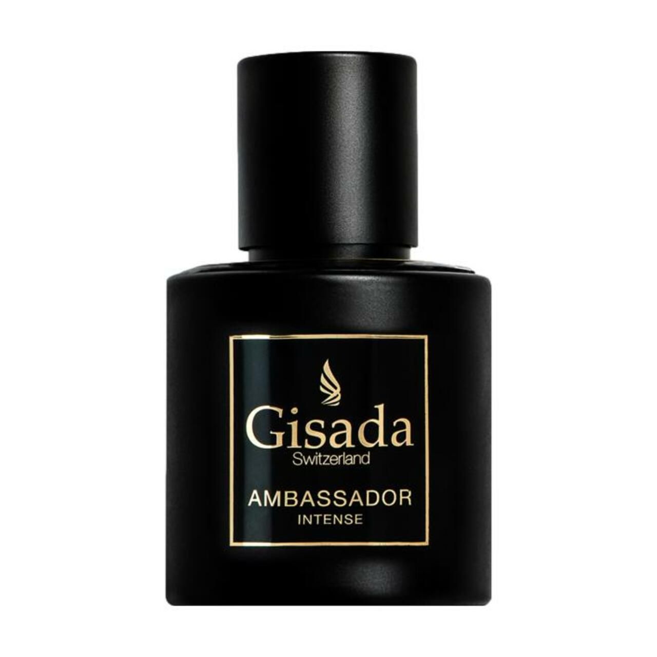 Schwarzer Flakon mit goldenem Etikett: Gisada Ambassador Intense.