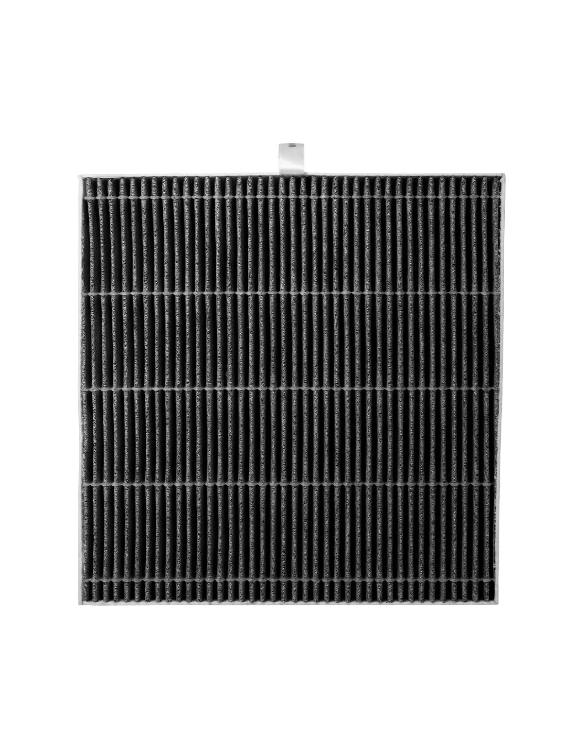 Rechteckiger Filter mit schwarzem Filtermedium und weißem Rahmen. Oben ist eine Schlaufe zum Herausziehen angebracht.
