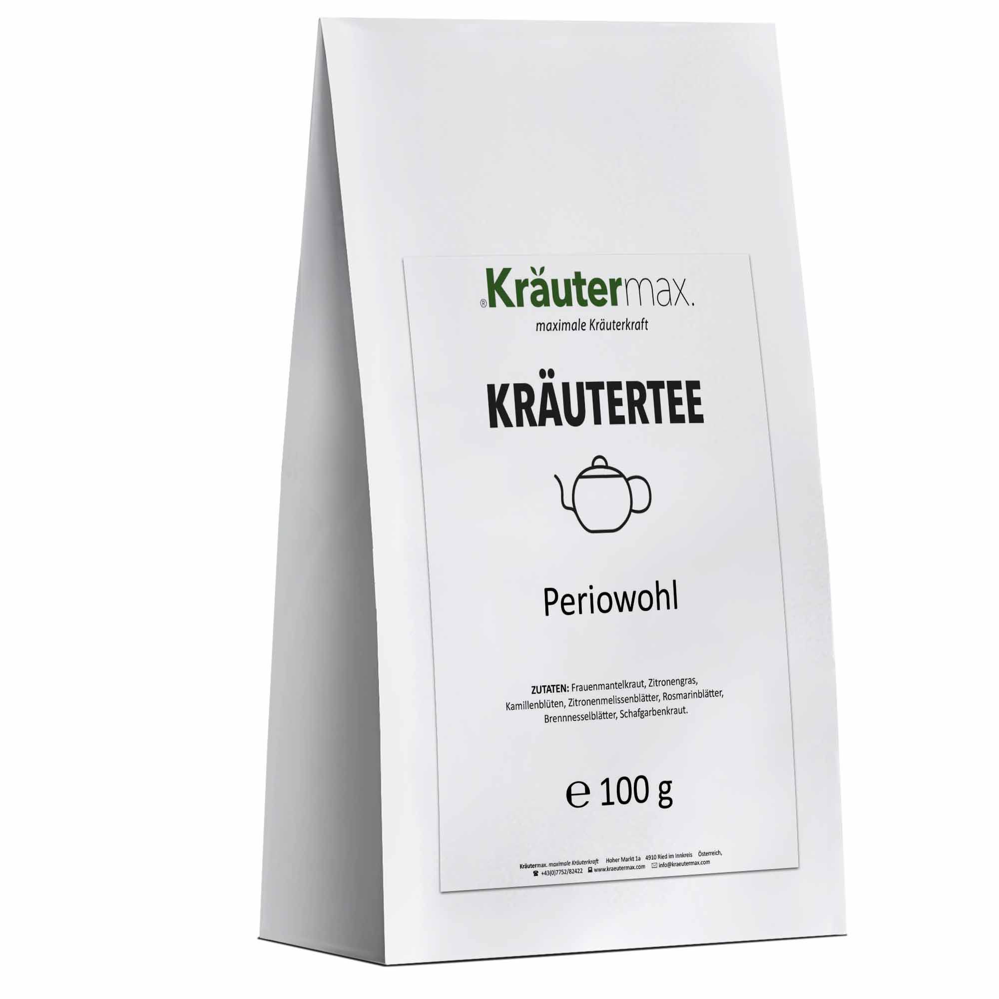 Weiße Kräutertee-Verpackung mit Logo und Schriftzug. Aufdruck: Kräutertee, Periowohl, e 100 g. Zutatenliste.