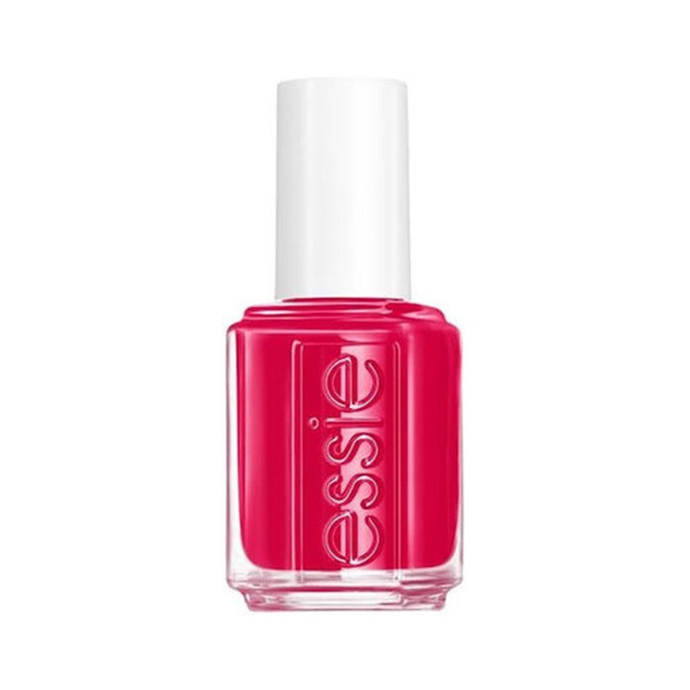 Nagellackflasche mit weißem Deckel. Roter Nagellack. Essie-Logo auf der Vorderseite.