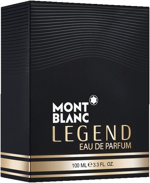 Schwarze Verpackung mit goldfarbener Schrift. Marke MONTBLANC. Aufschrift LEGEND EAU DE PARFUM. 100 ml.