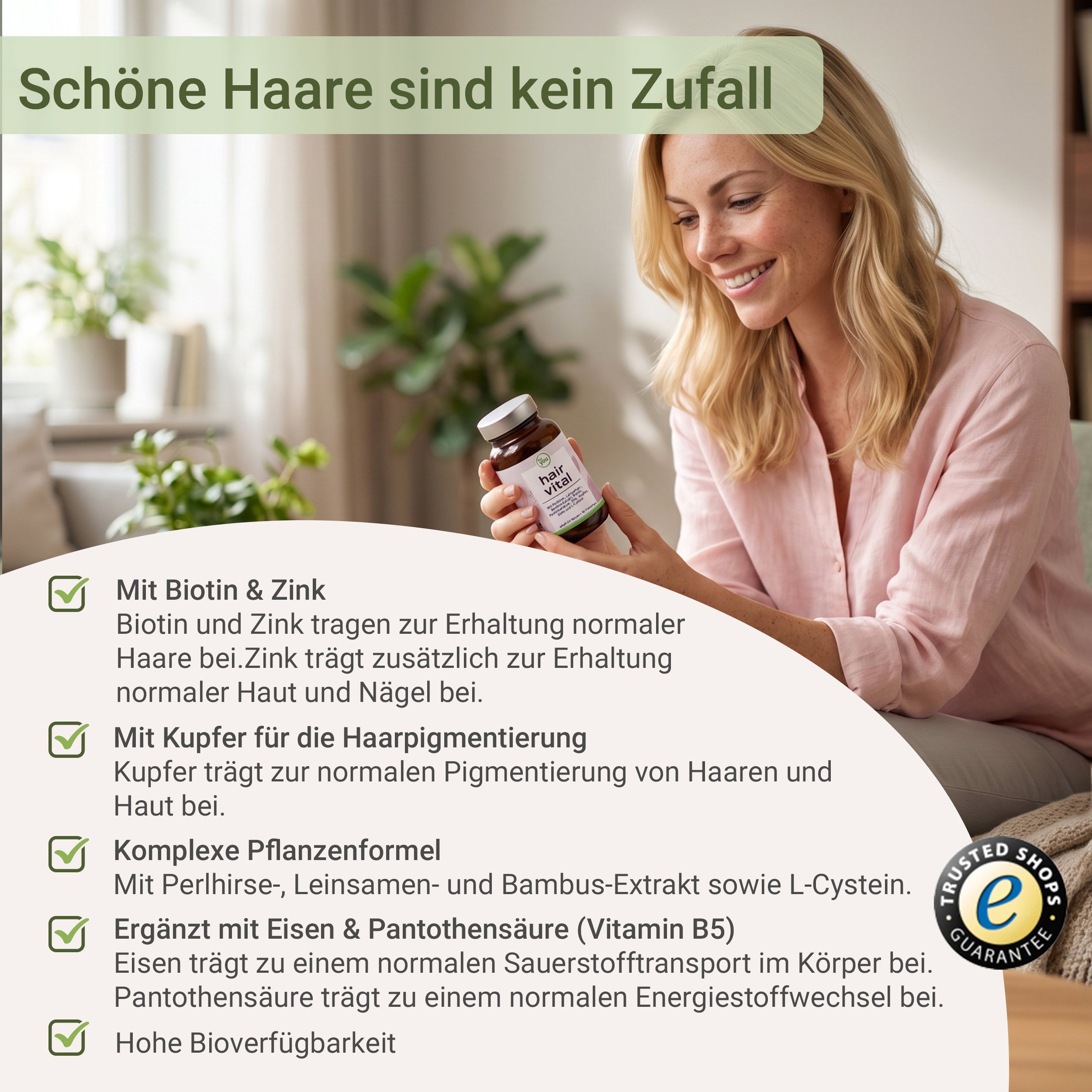 Frau hält eine Flasche "hair vital". Aufschrift "for you". Textboxen mit Produktinformationen. Trusted Shops-Siegel.