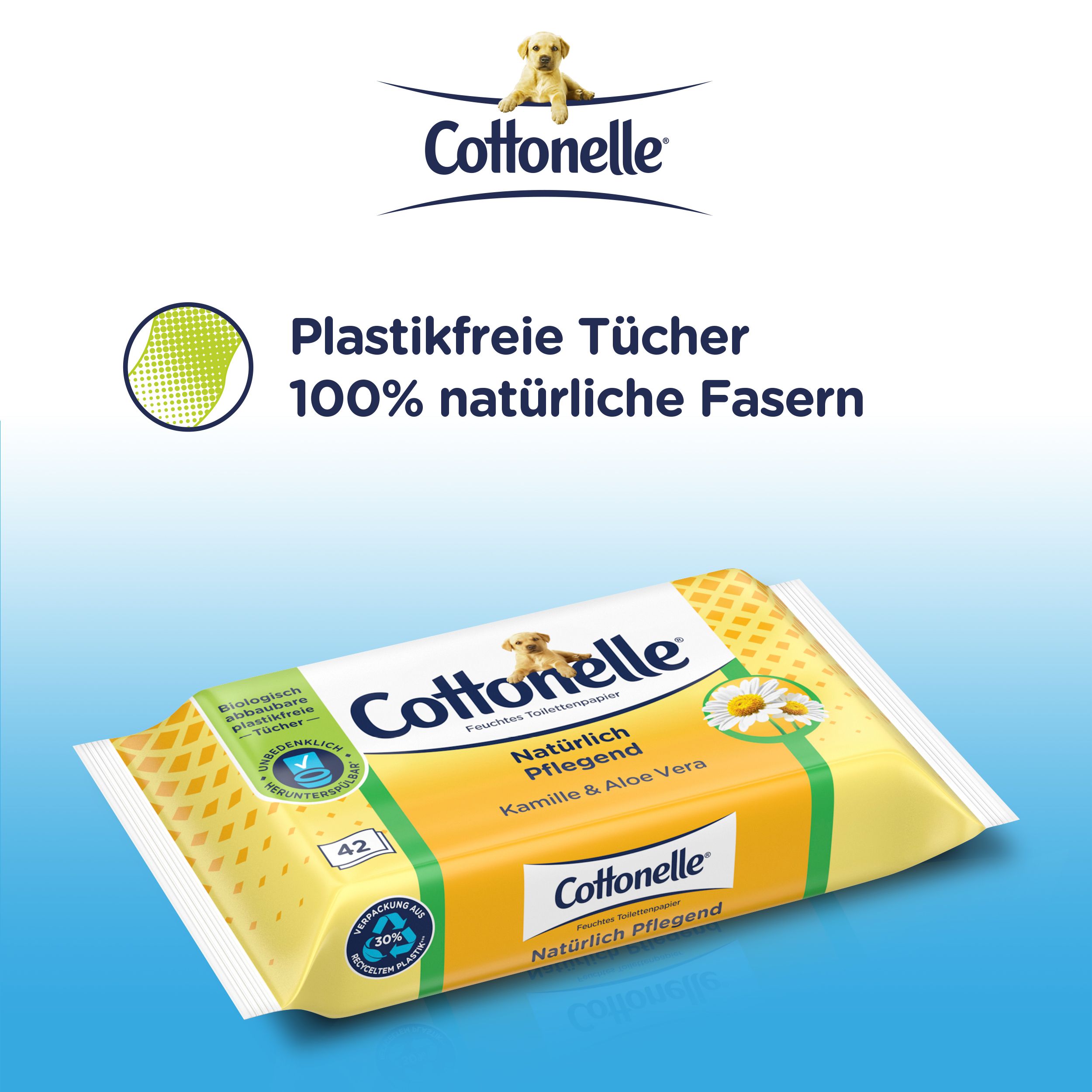 Cottonelle Feuchtes Toilettenpapier. Plastikfreie Tücher. 100% natürliche Fasern. Verpackung mit Logo und Produktinformationen.