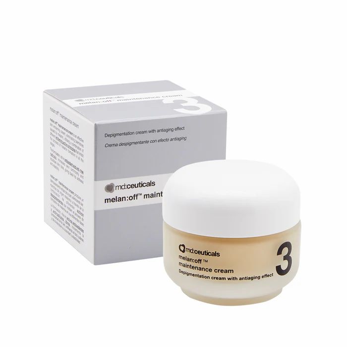 Creme-Tiegel und Schachtel. Aufschrift: md:ceuticals melan:off maintenance cream. Nummer 3. Text: Depigmentierungscreme mit Anti-Aging-Effekt.