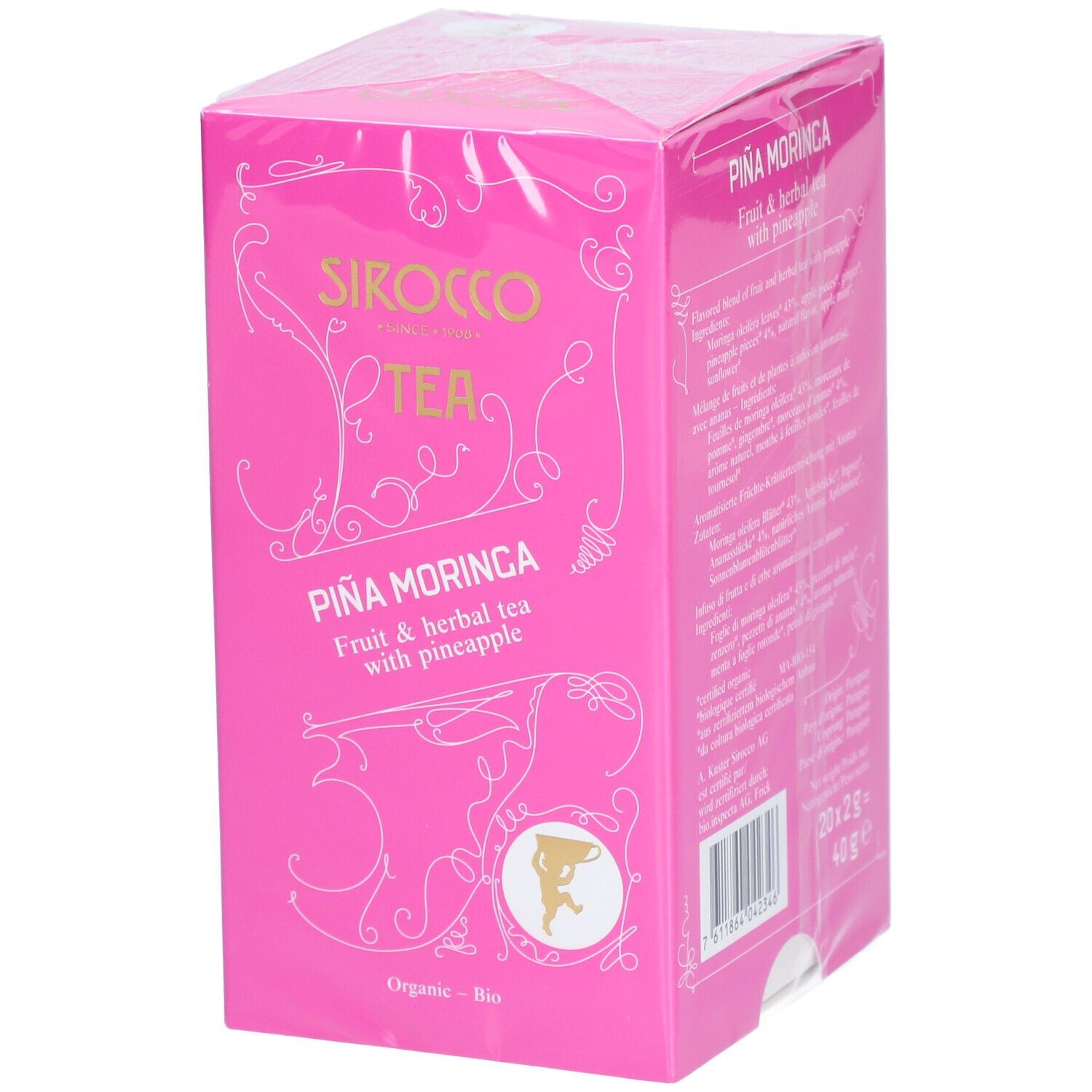 Rosa Verpackung mit "Sirocco Tea" und "Piña Moringa" Aufdruck. Frucht- und Kräutertee mit Ananas. Bio-Zertifizierung.