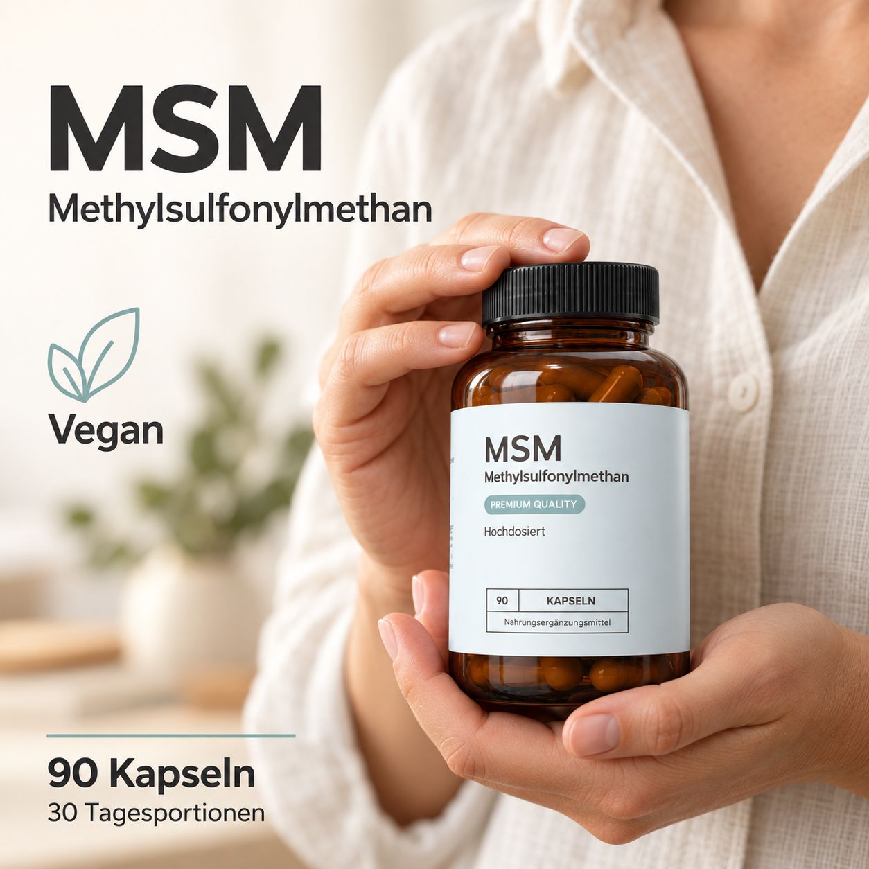Braune Glasflasche mit MSM-Kapseln, "Vegan"-Siegel und "90 Kapseln"-Angabe.