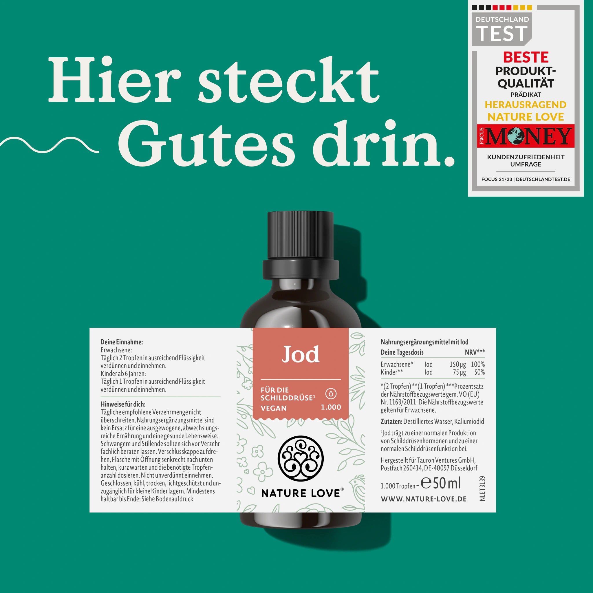 Braune Glasflasche mit schwarzem Deckel. Etikett mit Text Jod, NATURE LOVE® Logo. Vegan. Auszeichnung.