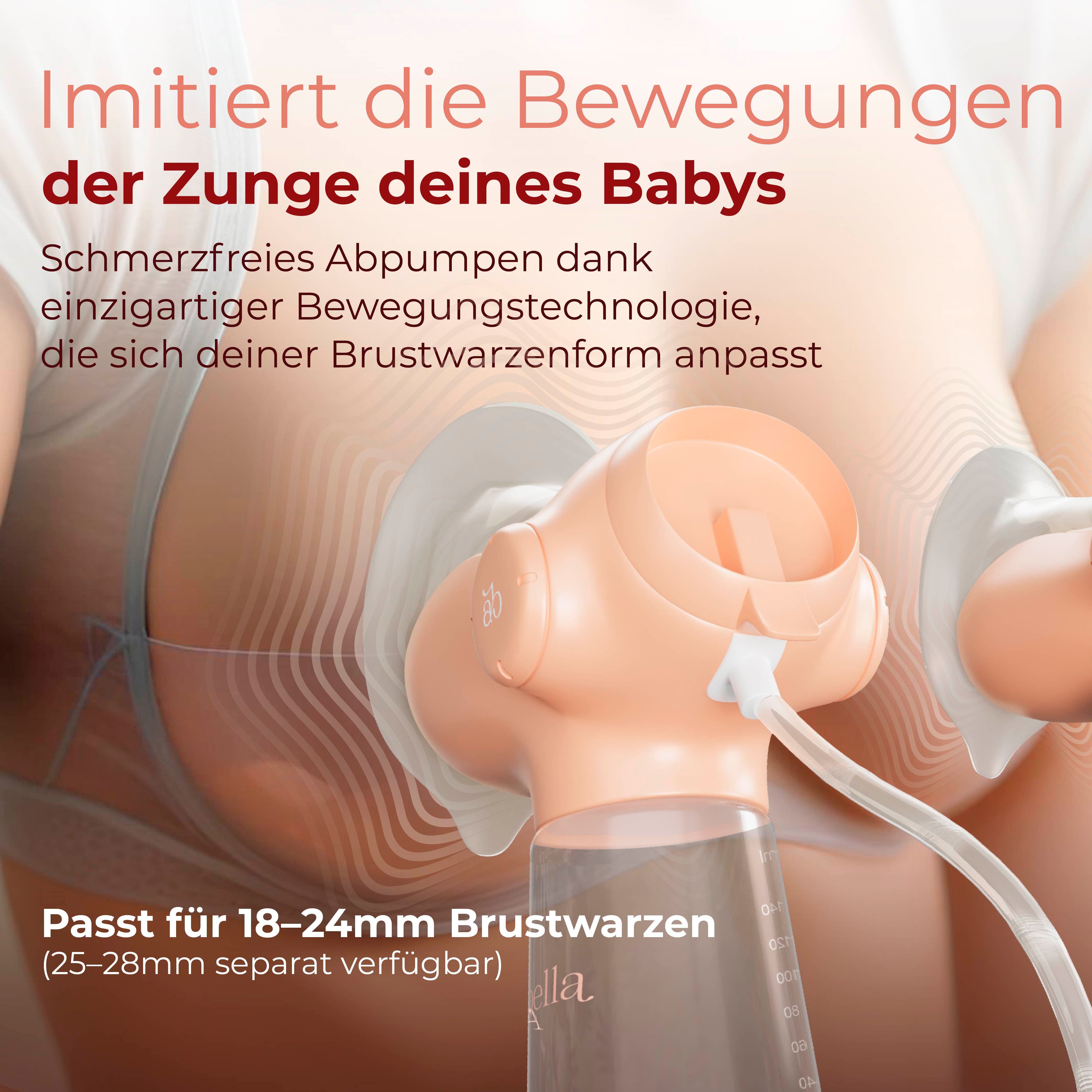 Nahaufnahme der Brusthaube. Text: Imitiert die Bewegungen der Zunge deines Babys. Für 18-24mm Brustwarzen.