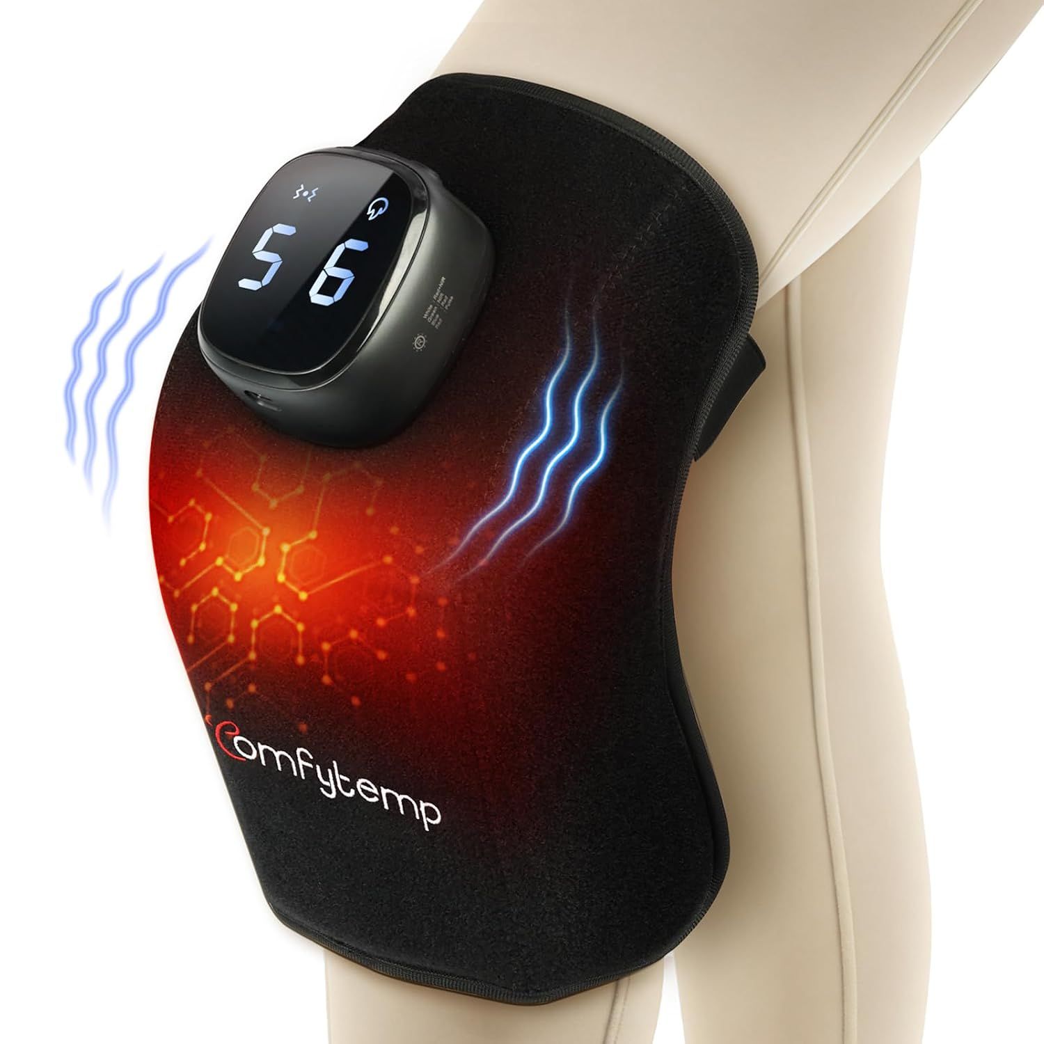 Schwarze Kniebandage mit digitalem Display und Smartphone-App-Steuerung.