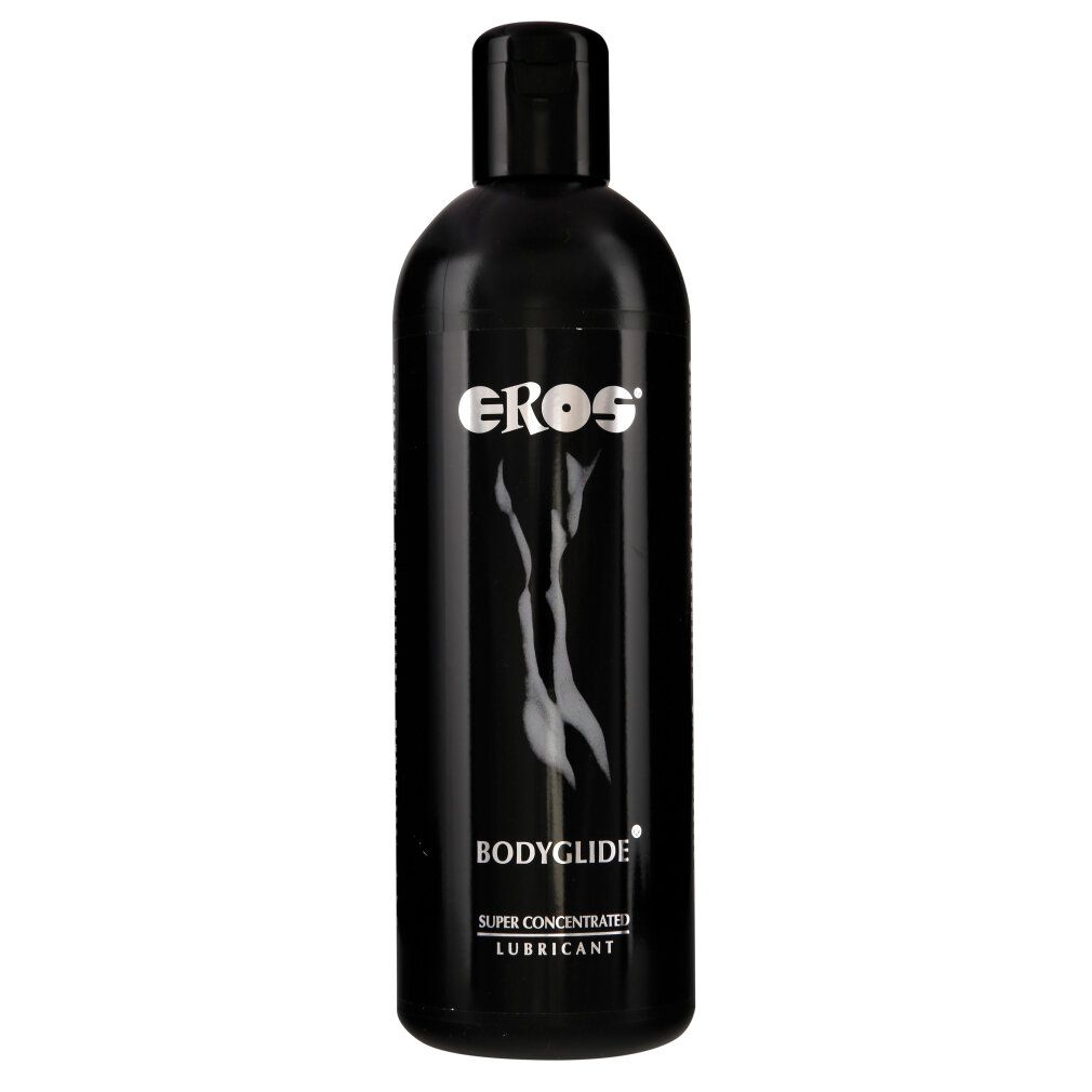 Schwarze Flasche mit "EROS"-Logo und "BODYGLIDE"-Schriftzug. Enthält eine Abbildung einer Frau. "SUPER CONCENTRATE LUBRICANT" darunter.