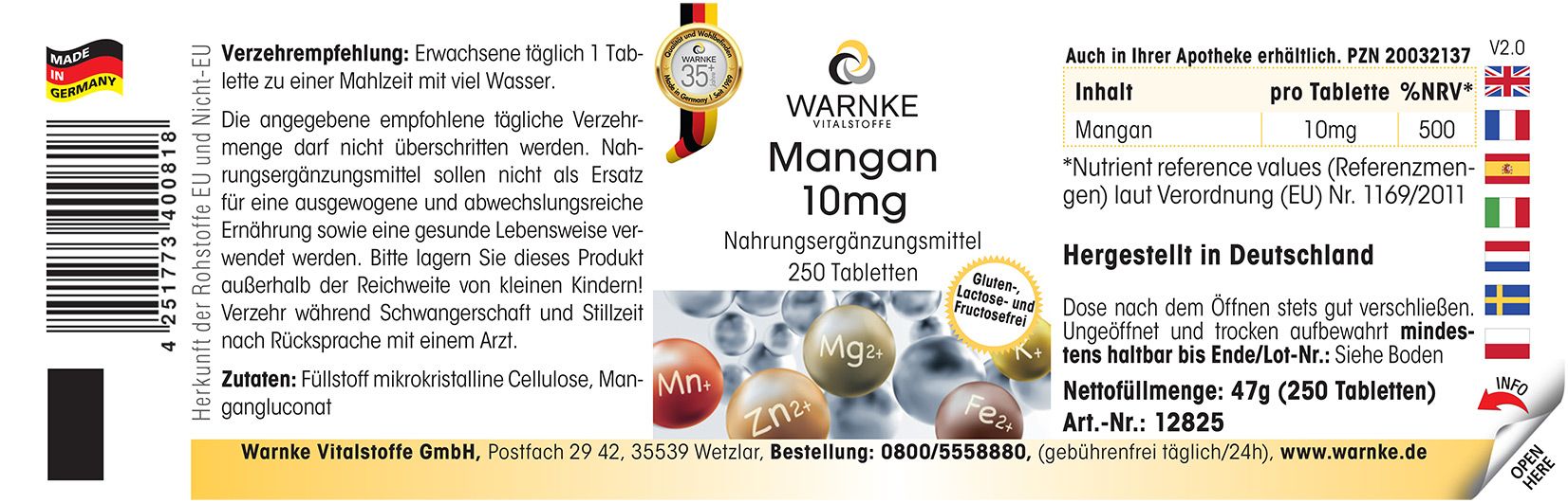 Etikett mit Text: Mangan 10mg, 250 Tabletten. Warnke Vitalstoffe Logo. Hergestellt in Deutschland. Inhaltsangaben und Nährwertangaben.