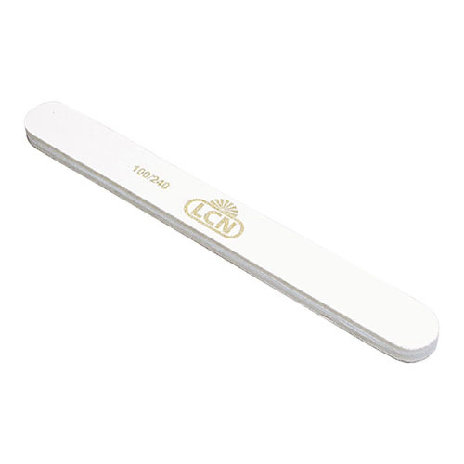 Weiße Nagelfeile mit abgerundeten Enden. Aufschrift "100 240" und Logo "LCN".