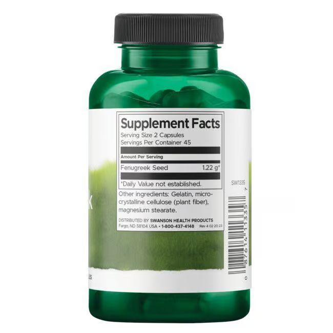 Rückseite der grünen Flasche. Aufschrift: Supplement Facts, Bockshornkleesamen, 1,22 g, Zutaten, 45 Portionen.