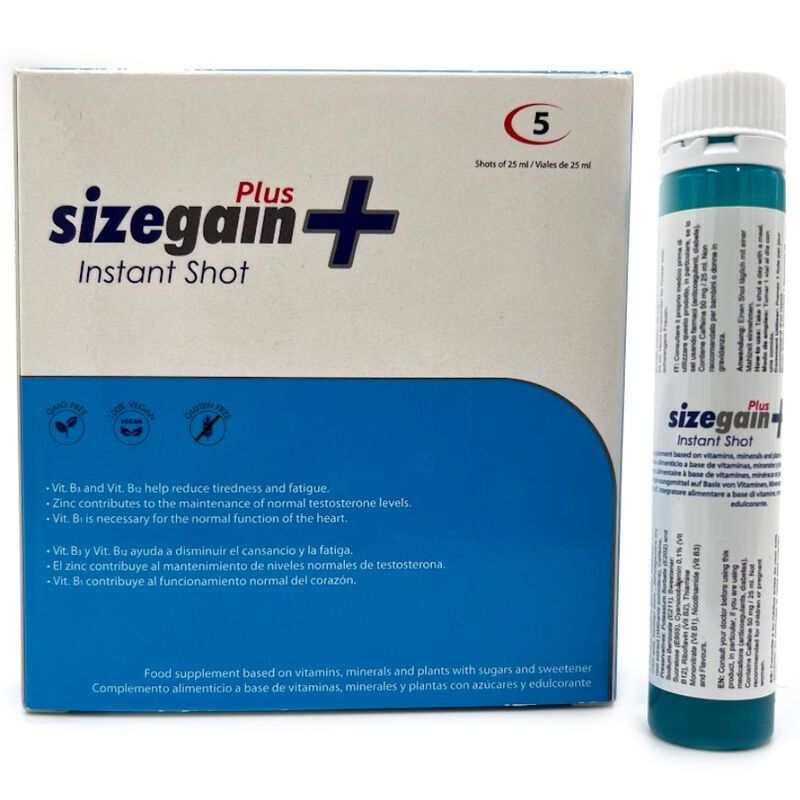 Schachtel und Ampulle. Aufschrift: Sizegain Plus Instant Shot. Enthält 5 Shots. Produktinformationen aufgedruckt.