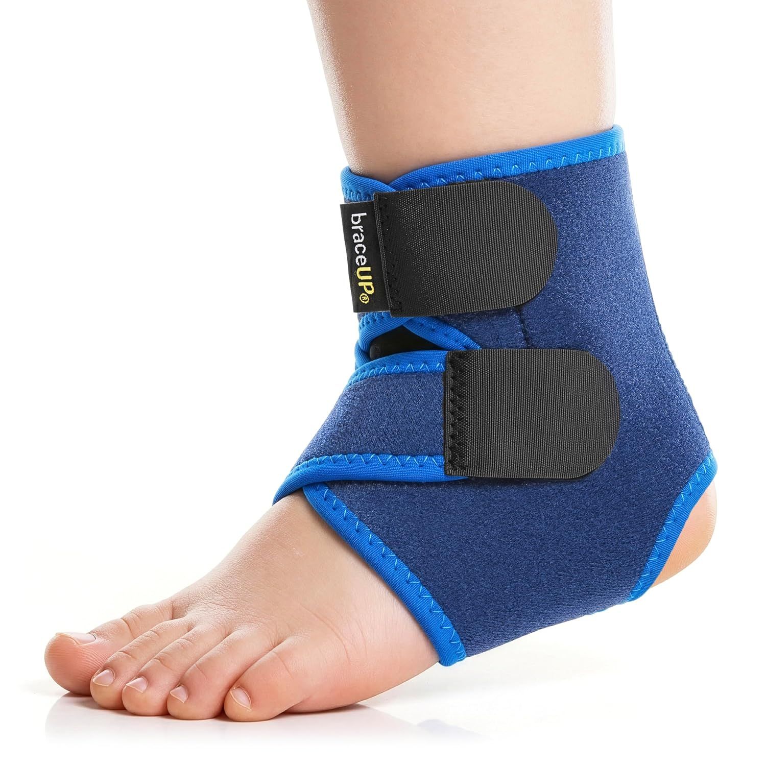Blaues Fußgelenk-Stützband mit Klettverschlüssen, offenem Fersenbereich und atmungsaktivem Material.