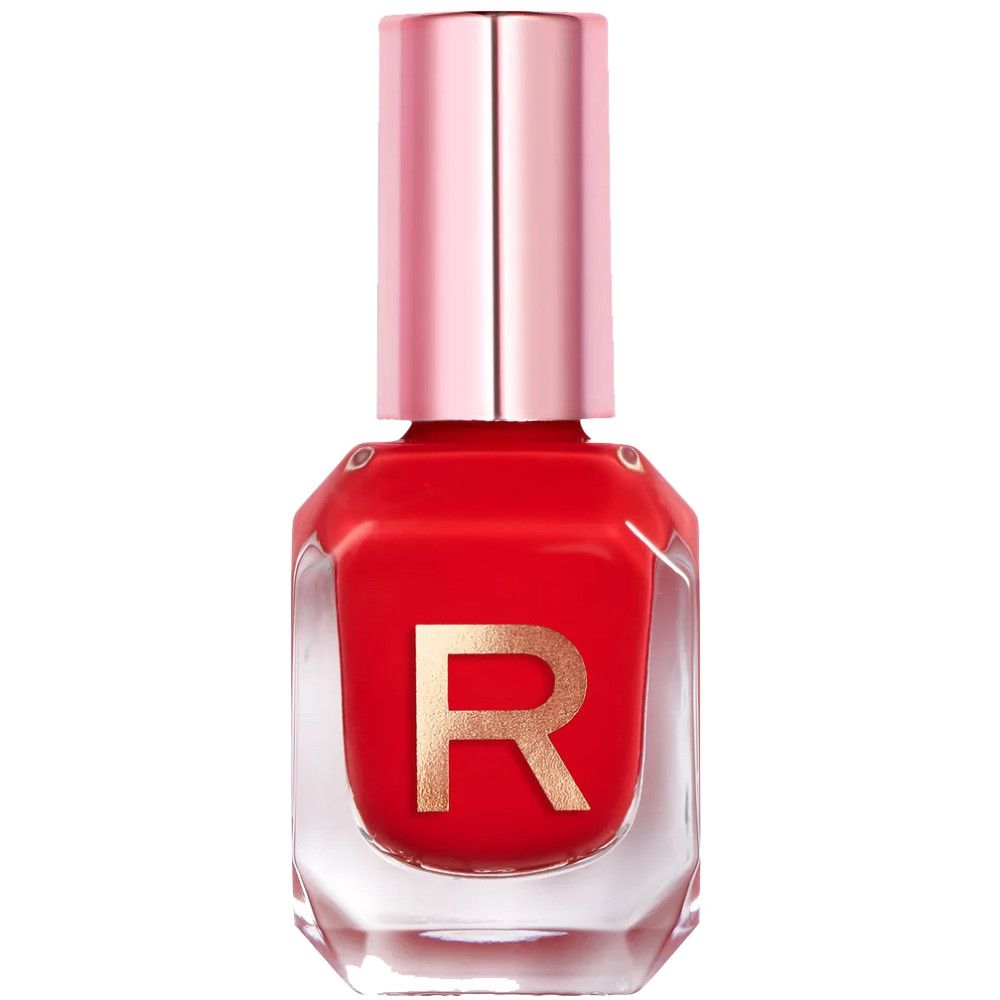 Hochglanz Nagellack in Rot mit "R"-Logo auf der Flasche und roségoldfarbenem Deckel.