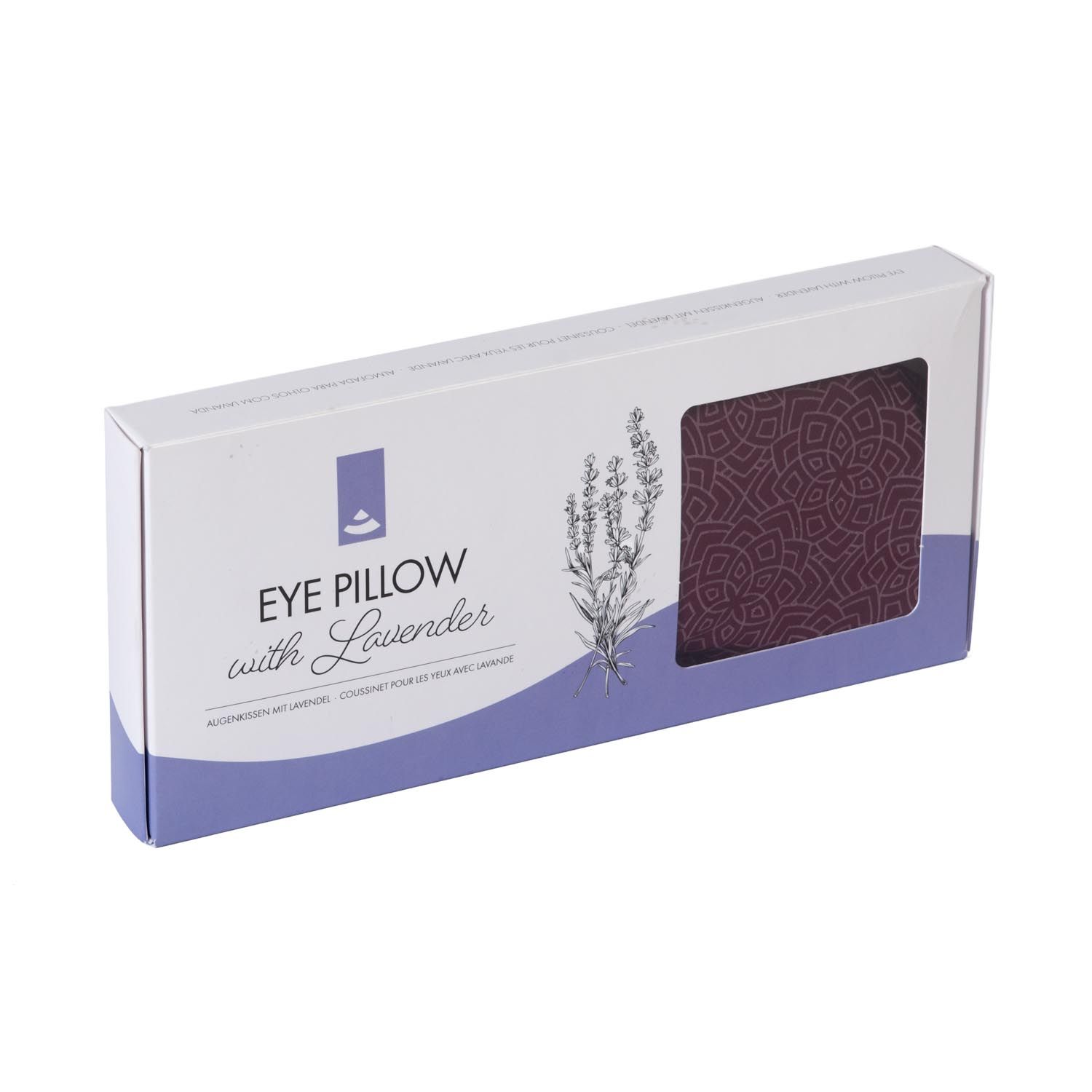 Verpackung mit Augenkissen. Text: 'Eye Pillow with Lavender'.