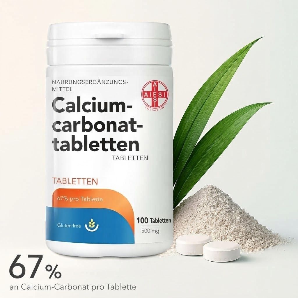Aiesi Calciumcarbonat-Tabletten Flasche mit Blättern und Pulver.