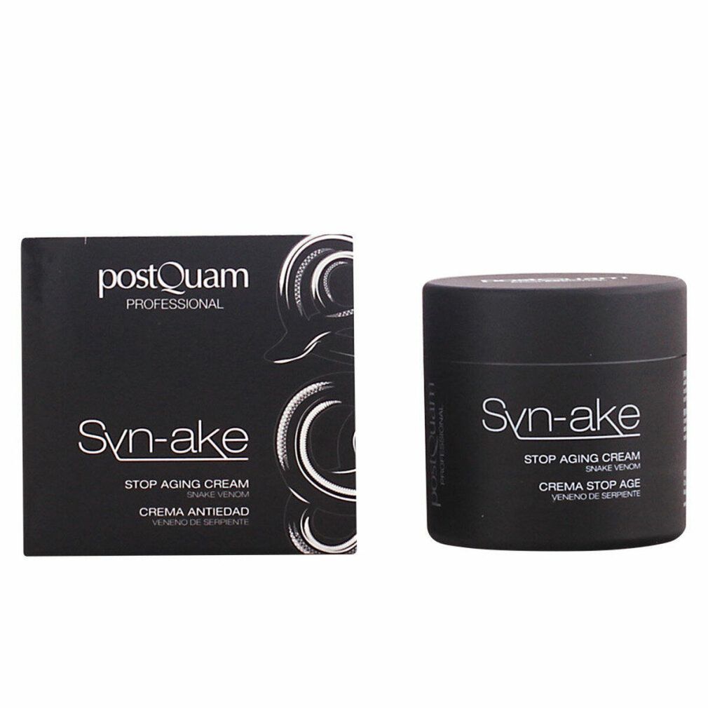 Schwarze Creme-Dose und Schachtel. Aufschrift: Syn-ake, Stop Aging Cream. Marke: postQuam.
