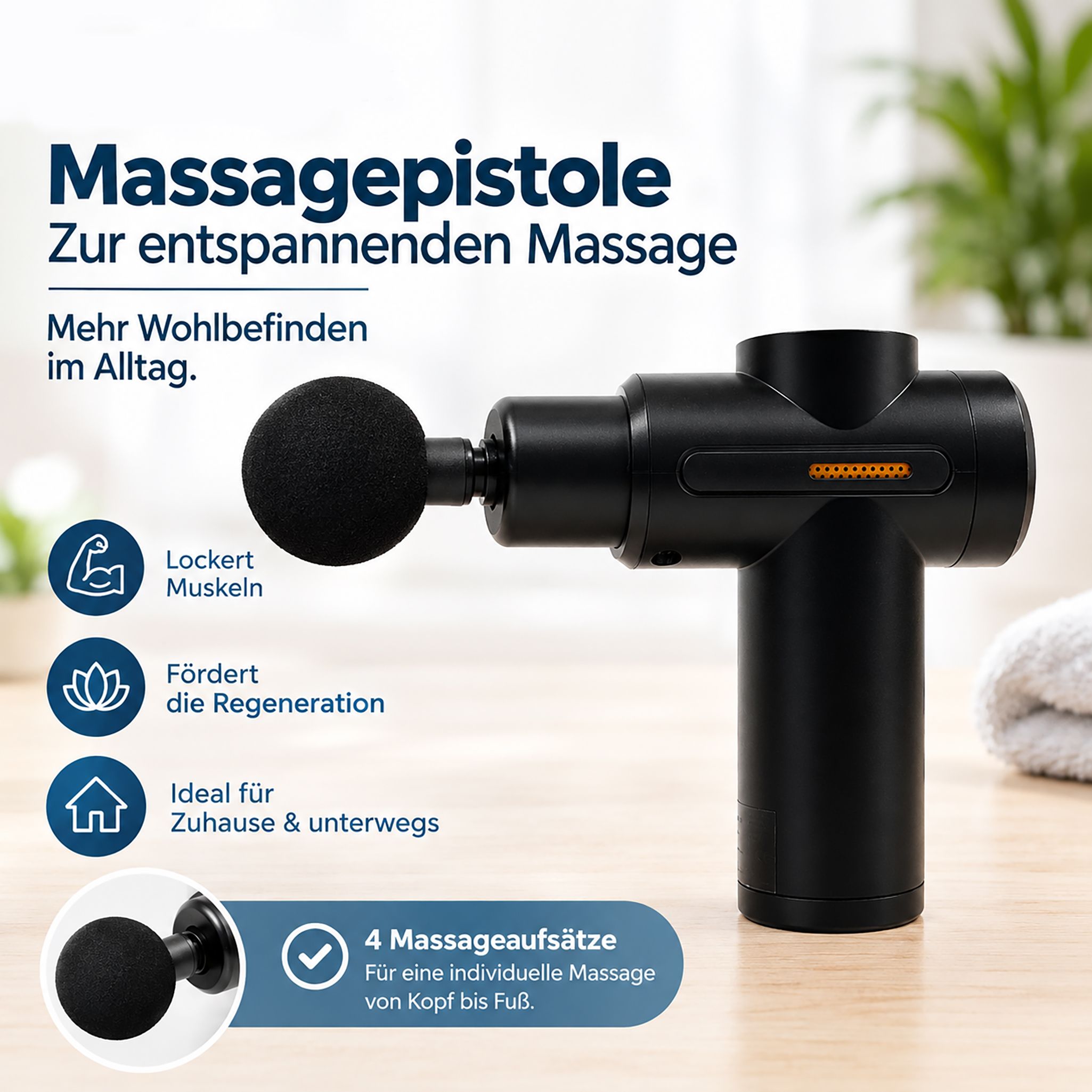 Schwarze Massagepistole mit rundem Massagekopf und Ladeanzeige.