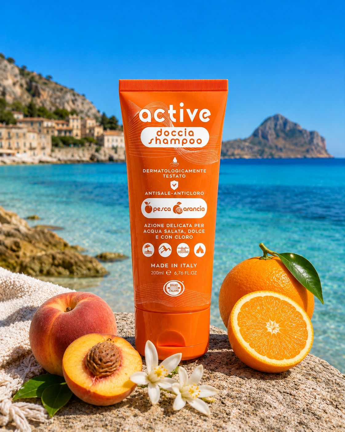 Orangefarbene Tube mit „Active doccia shampoo“ Aufschrift. Enthält Pfirsich- und Orangenduft. Dermatologisch getestet.