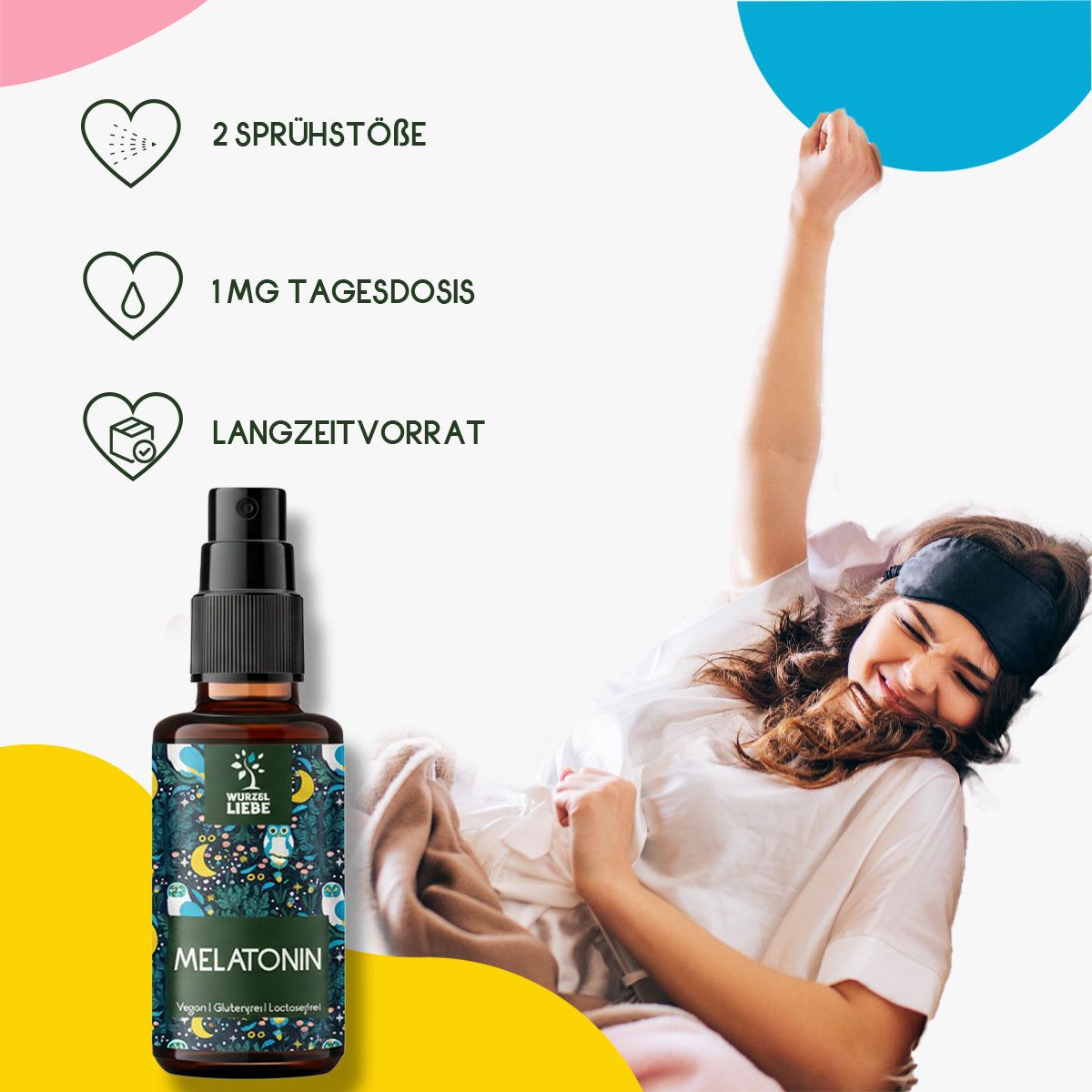 Braune Flasche mit Sprühkopf. Text: Melatonin. Grafiken: 2 Sprühstöße, 1mg Tagesdosis, Langzeitvorrat. Frau mit Schlafmaske.