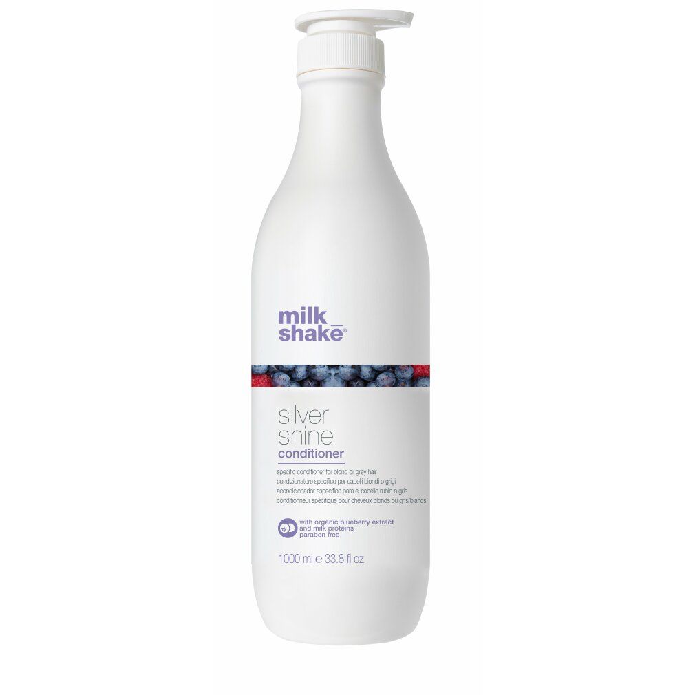 Weiße Flasche mit Pumpe. Aufschrift: milk_shake Silver shine conditioner. Enthält Blaubeerextrakt. 1000 ml.