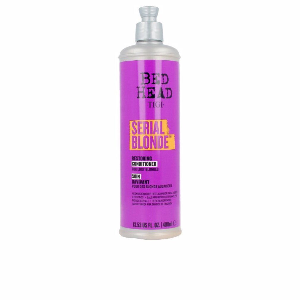 Violette Flasche mit silbernem Verschluss. Aufschrift: Bed Head Tigi Serial Blonde. Restoring Conditioner.