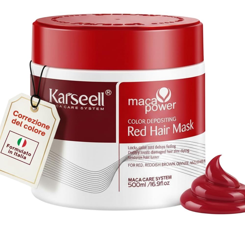 Rote Haarmaske in einem weißen Behälter mit rotem Deckel. Marke: Karseeell. Inhalt: 500ml.