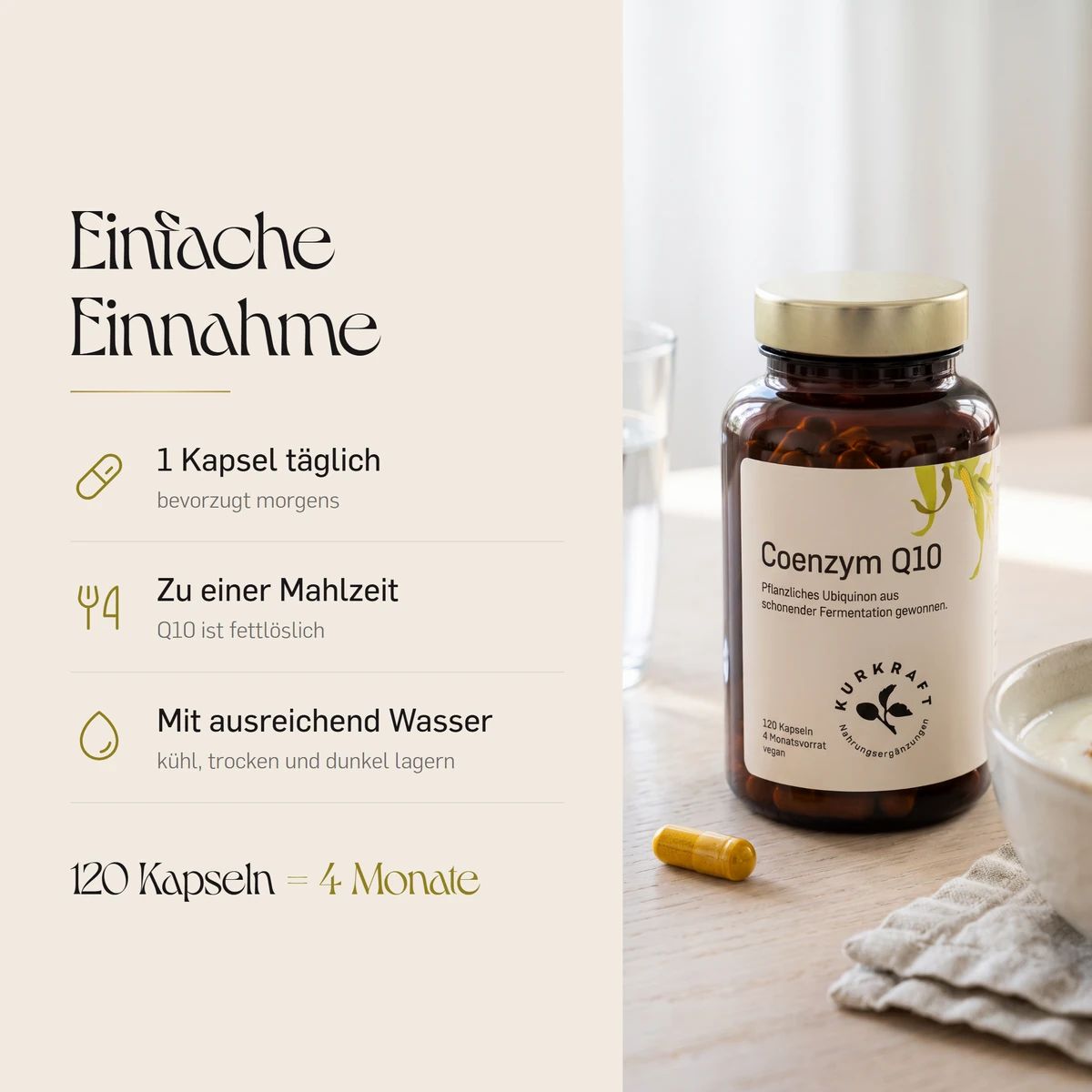 Flasche Coenzym Q10 Kapseln, daneben eine Kapsel. Text erklärt einfache Einnahme und Lagerung.