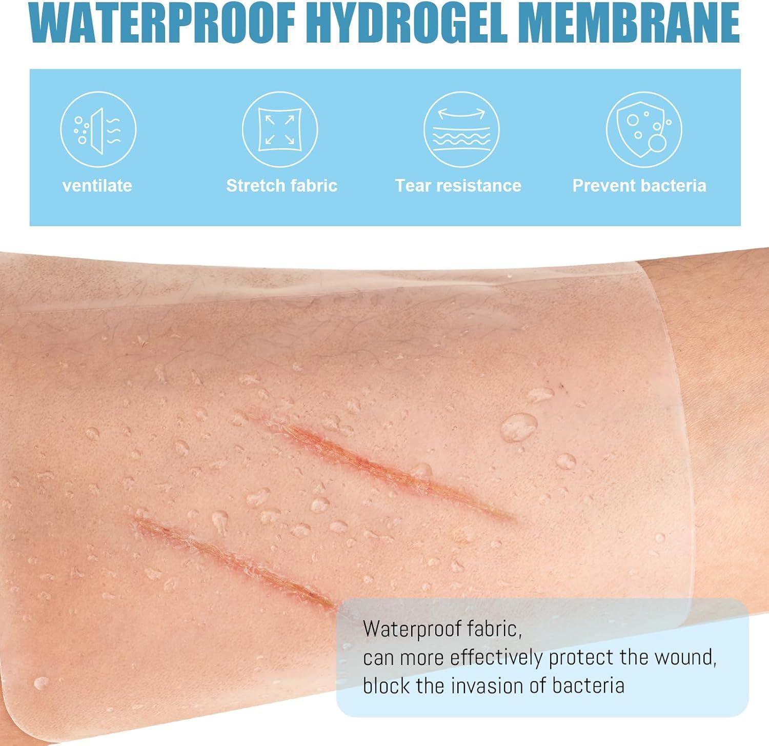 Wundauflage auf Haut mit Kratzern. Text: Wasserdicht, Hydrogel-Membran. Eigenschaften: Belüften, dehnbar, reißfest, antibakteriell.