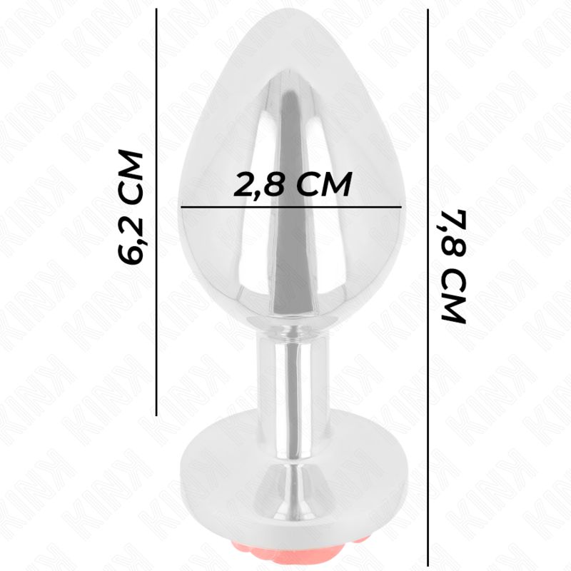 Analplug aus Metall mit roter Rosenblüte. Maße: 7,8 cm hoch, 2,8 cm breit, 6,2 cm lang. Konische Form, glänzend.
