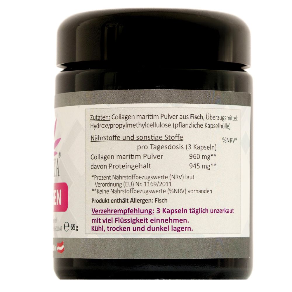 Rückseite der Dose mit Inhaltsstoffen. CATALEYA COLLAGEN. 3 Kapseln. Fisch. Nährwertangaben. Kühl, trocken und dunkel lagern.