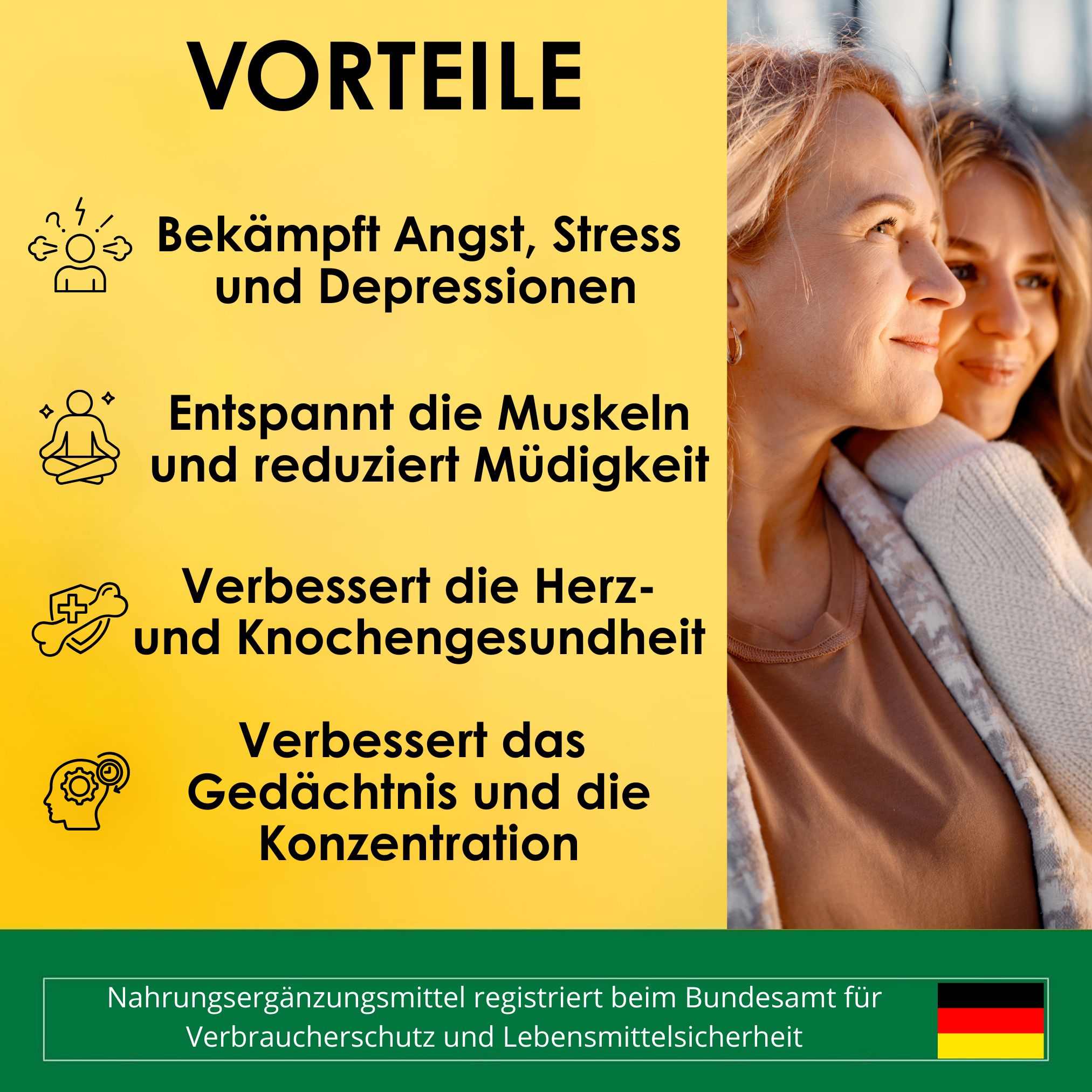 Vorteile von Magnesium Bisglycinat: Bekämpft Stress, entspannt Muskeln, fördert Herz- und Knochengesundheit.