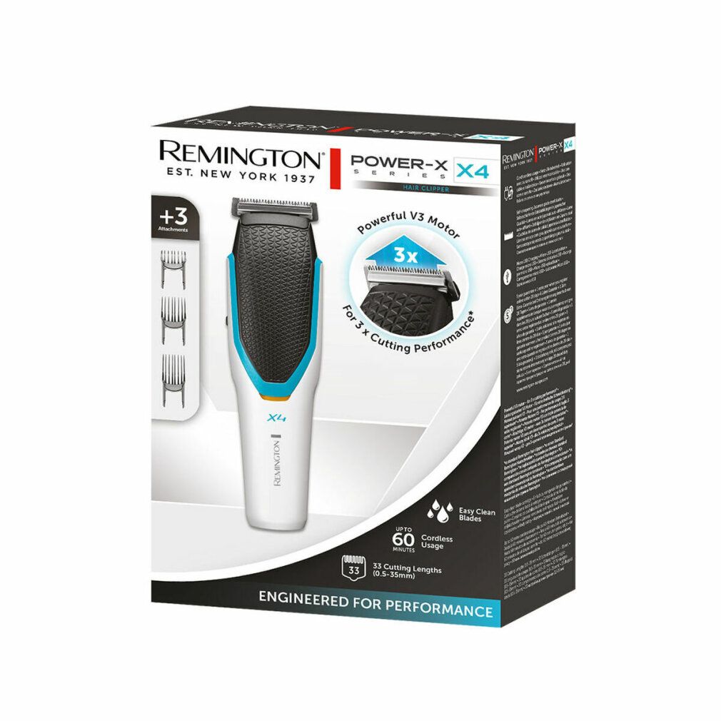 Verpackung des Haarschneiders. Auf der Vorderseite sind Produkt und Merkmale abgebildet. Marke: Remington, Modell: X4.