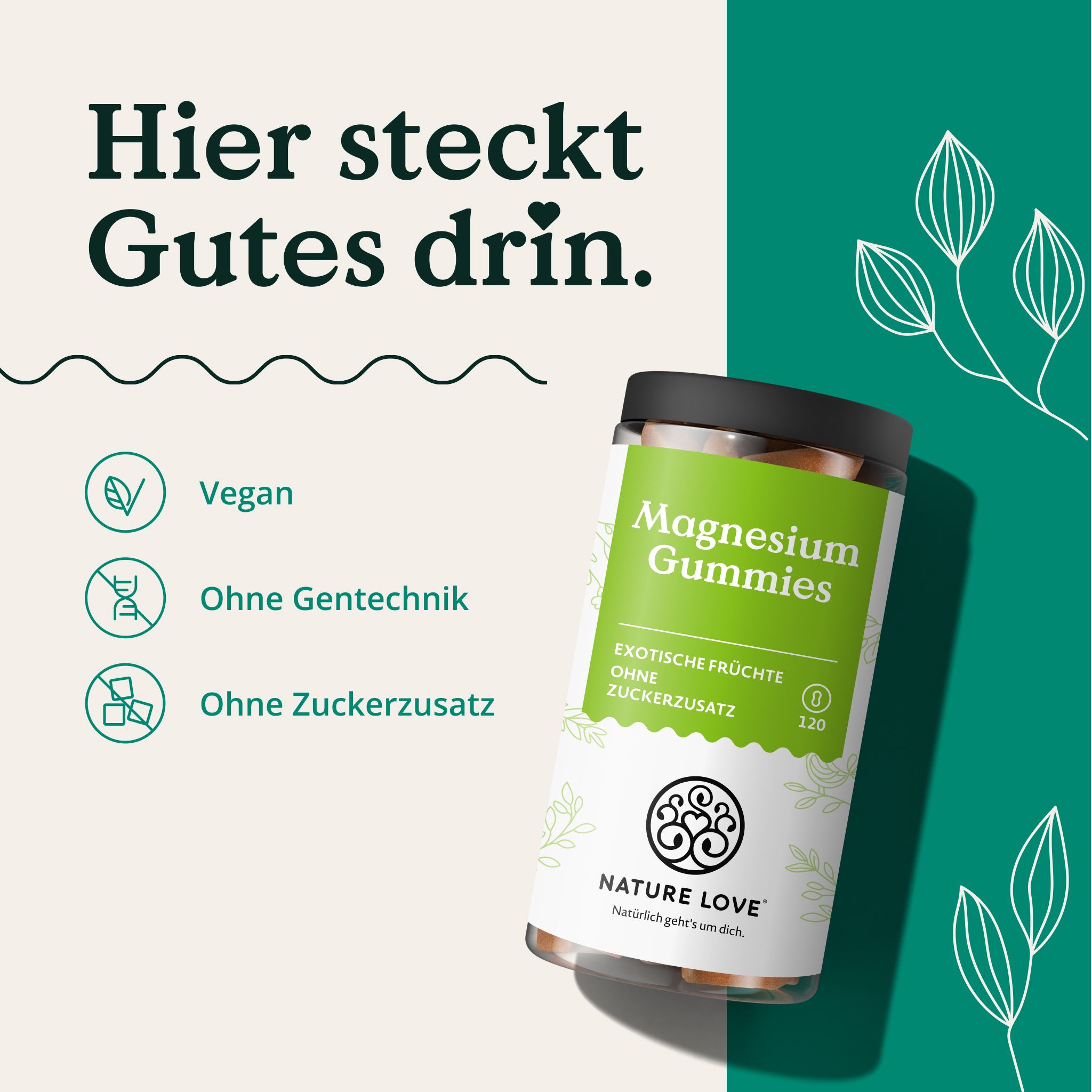 Drei Icons: Vegan, Ohne Gentechnik, Ohne Zuckerzusatz. Daneben eine Dose Magnesium Gummies.