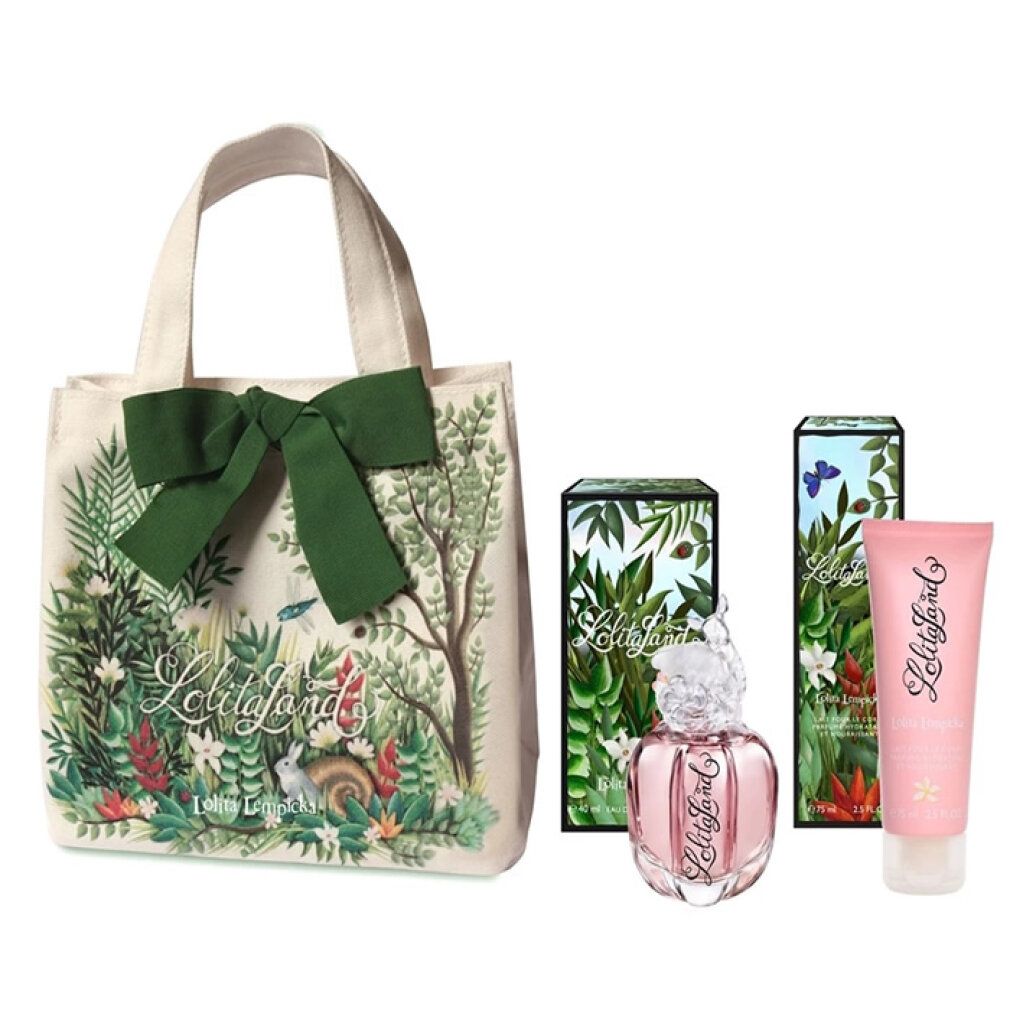 Geschenkset mit Tragetasche, Parfümflakon, Körperlotion und zwei Schachteln. Tasche mit floralem Design und Schleife. Flakon mit floralem Verschluss.