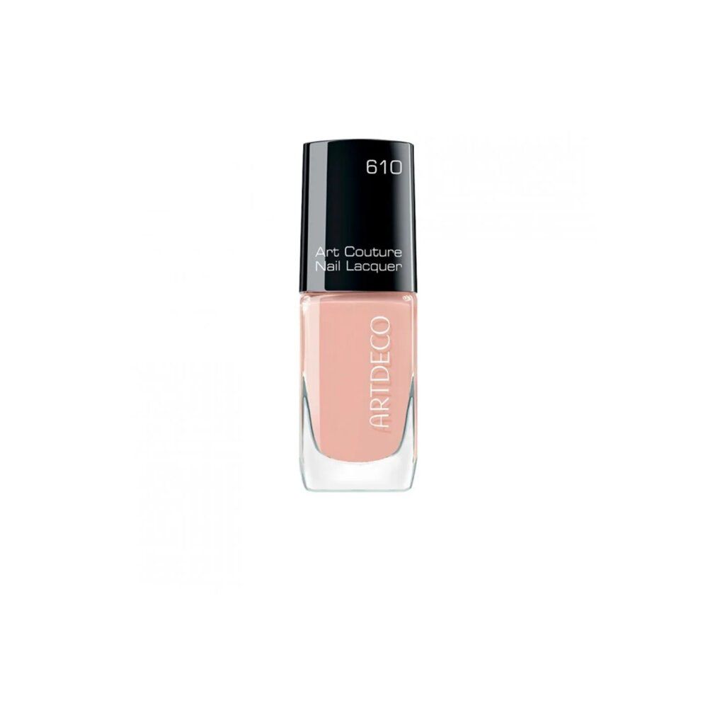 Nagellackflasche, hellrosa. Schwarzer Deckel mit Aufschrift "610". Aufschrift "Art Couture Nail Lacquer" und "ARTDECO".